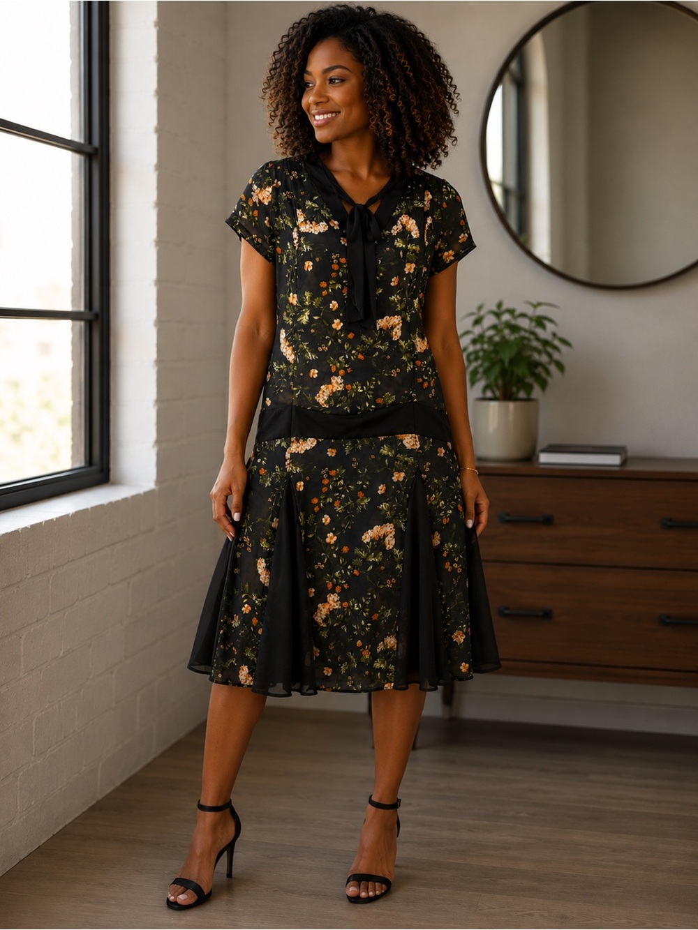 Black Floral Oversized Midi Dress with Tie Neck